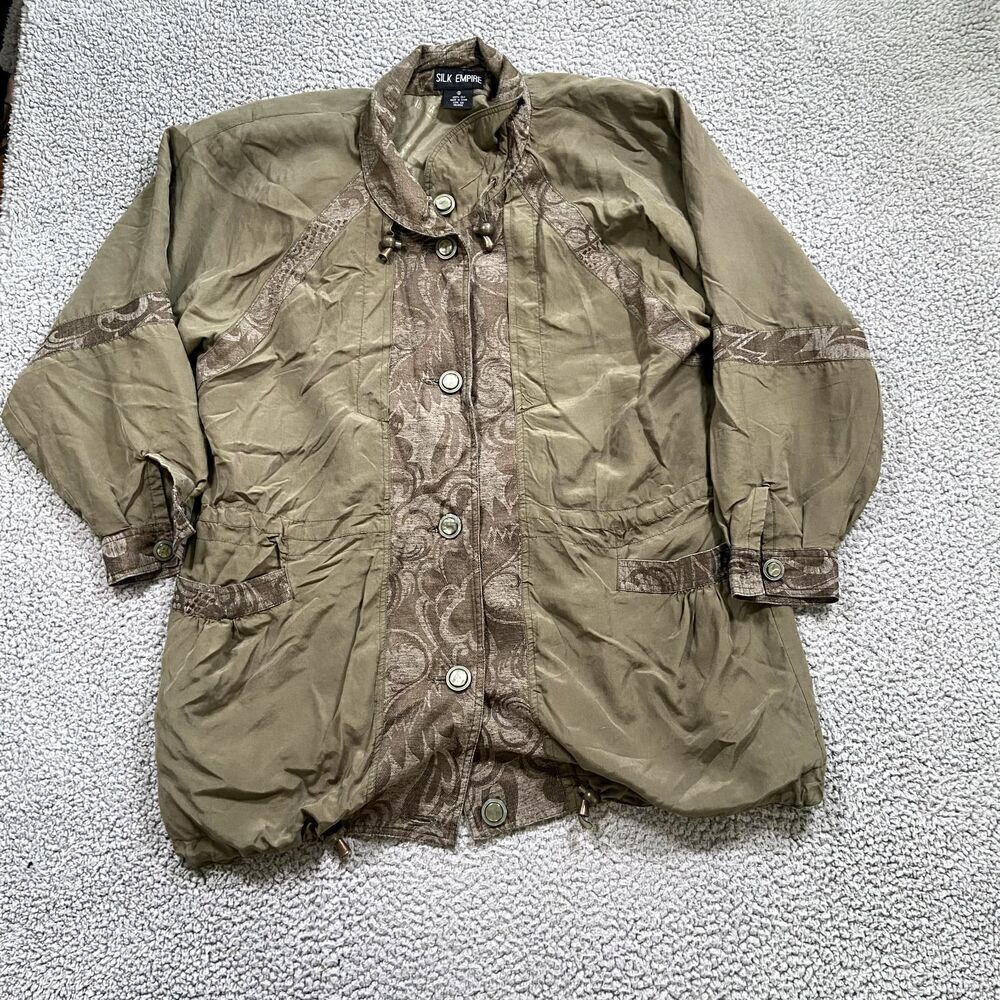 Silk Empire Jacket Women's Collared Button Up 100% Silk Embroidered Green Small